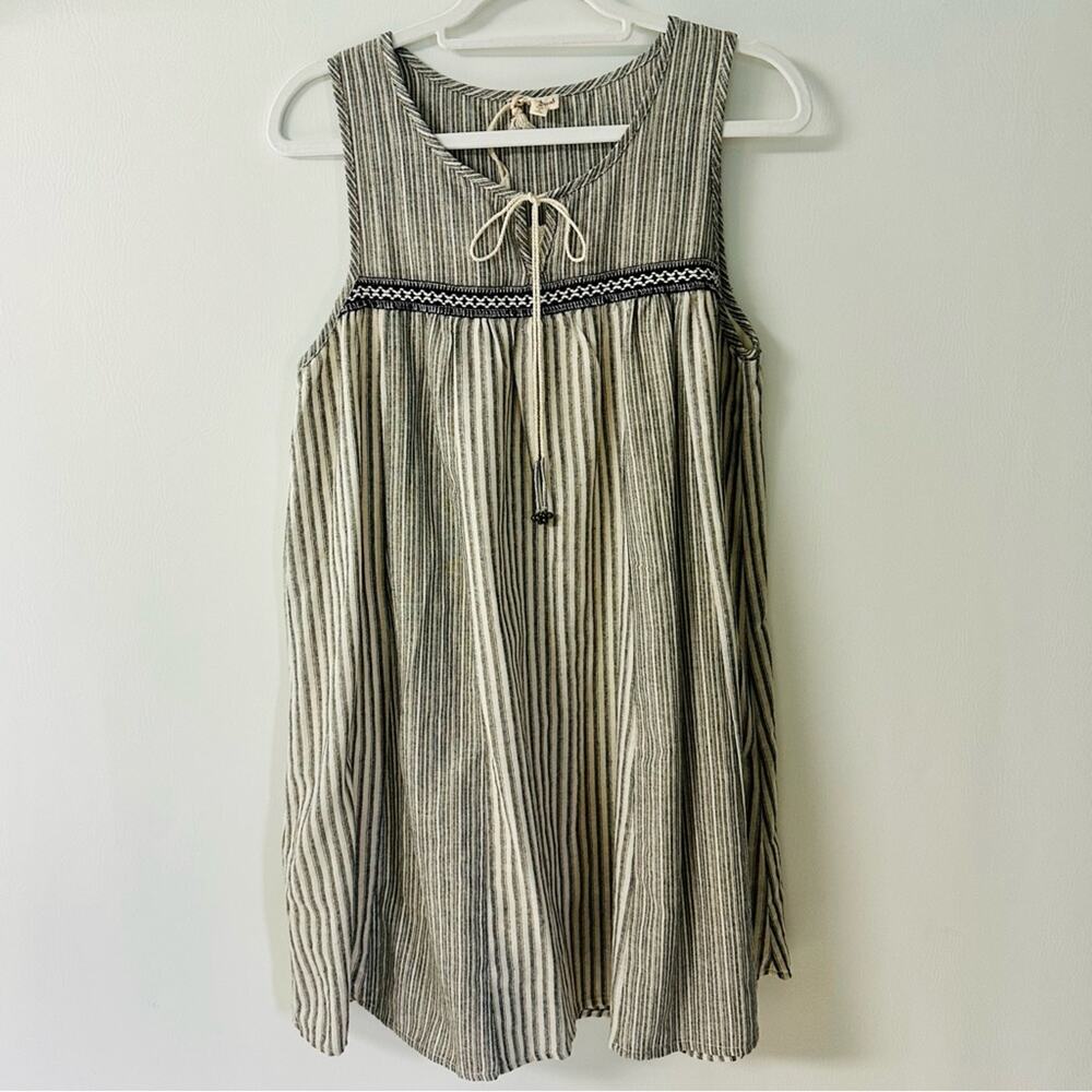 Hem & Thread Striped Dress Tie Round Neck Sleeveless Cotton Gray Boho M‎